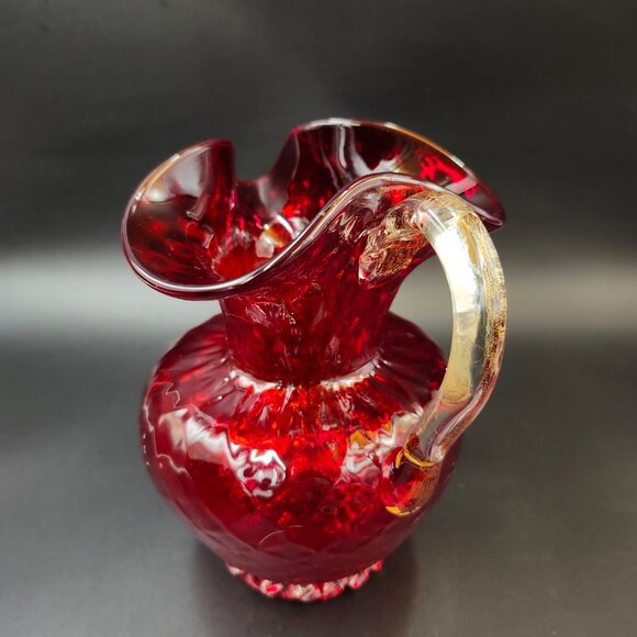 Vintage Art Glass Red Quilted Jug Ewer Applied Handle - Picture 5 of 16